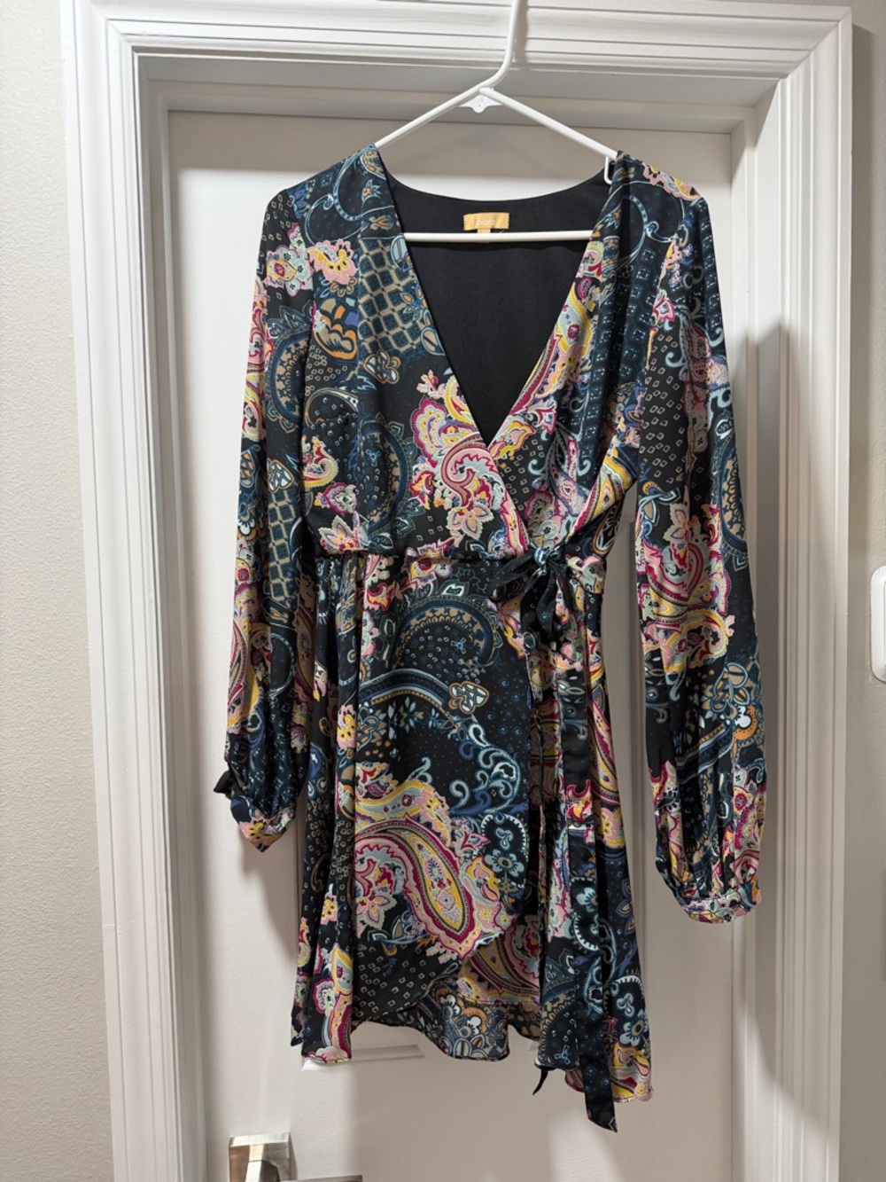 Takara Black Paisley Mini Dress with Pink, Yellow and Blue Accents